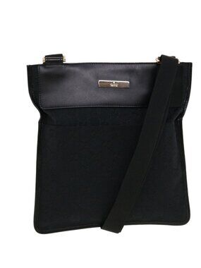 GUCCI GG Canvas Flat Shoulder Bag Black 0348